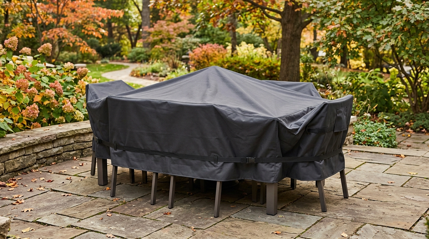 A fitted patio-furniture cover is strapped over a clean, dry dining set with a raised center to shed rainwater.