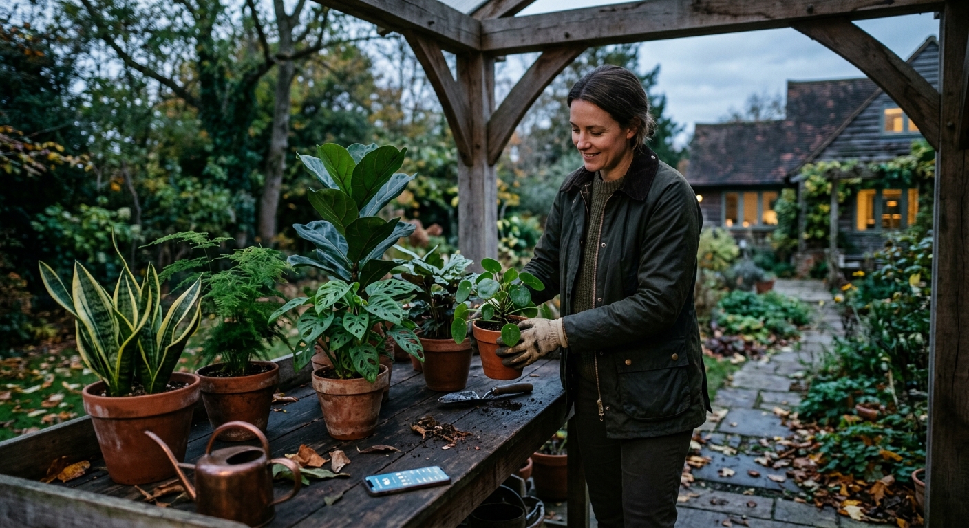 A gardener gathers patio houseplants beside a sheltered outdoor work table before a cool fall evening.
