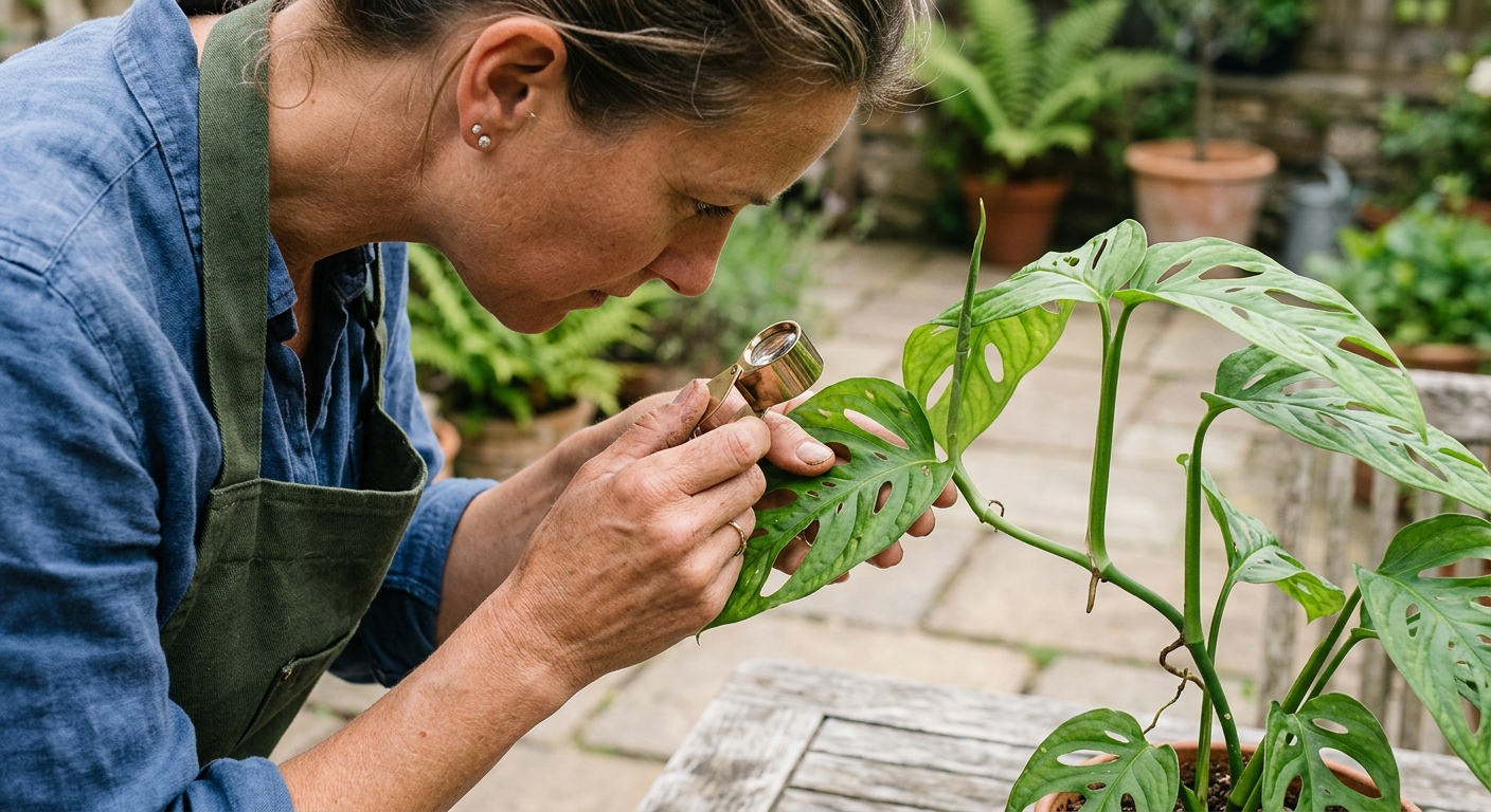Close inspection of leaf undersides and stem joints on a potted houseplant outdoors, with a small hand lens nearby.