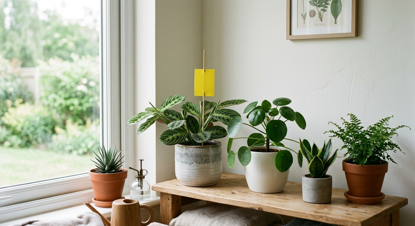 Several clean houseplants sit apart in a bright quarantine corner with a yellow monitoring card beside one pot.