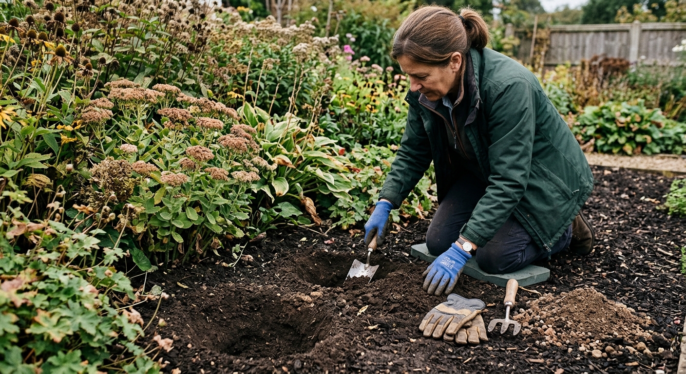 A gardener prepares several broad planting holes beside a crowded herbaceous perennial on an overcast early-fall day.
