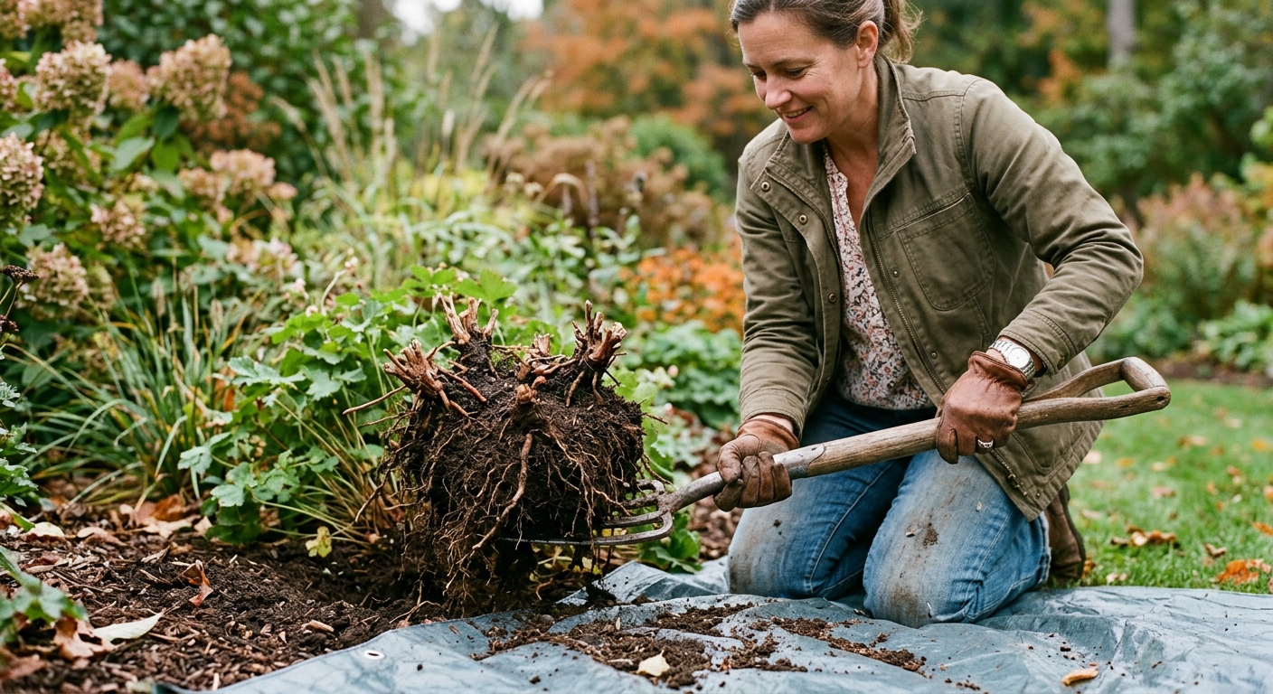 A gardener lifts a perennial root ball with a garden fork and identifies several rooted crowns before dividing it.