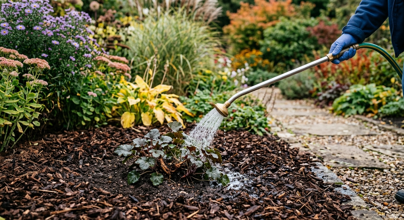 Freshly replanted perennial divisions are watered slowly with a gentle rain wand, with crowns visible at the original soil level.