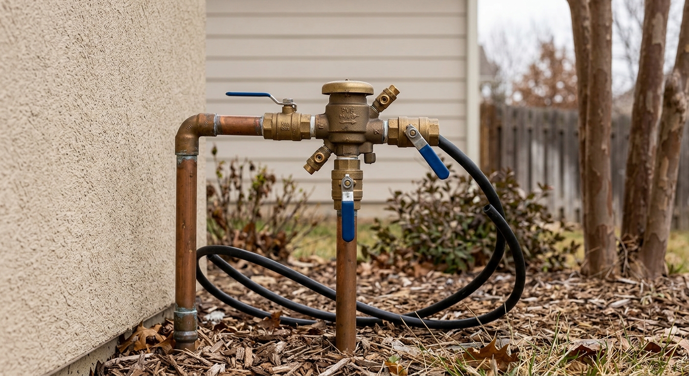 A close view of an irrigation backflow preventer with its valves and test cocks positioned for winter drainage.