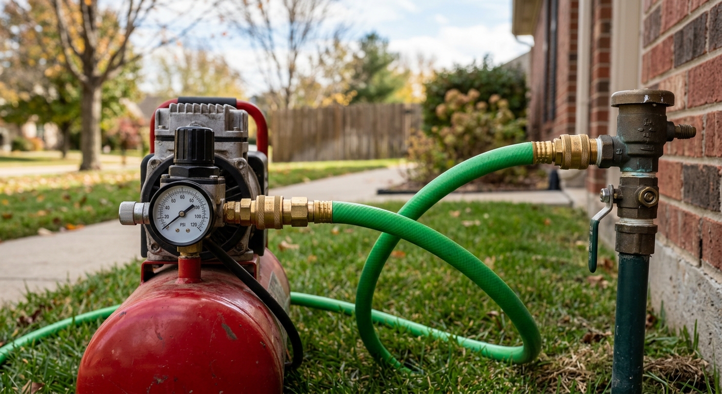 A regulated air compressor is connected by hose to a confirmed downstream sprinkler-system blowout fitting.