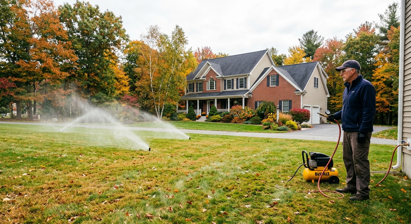 Sprinkler heads briefly mist during a controlled zone-by-zone blowout, with a homeowner standing well clear.