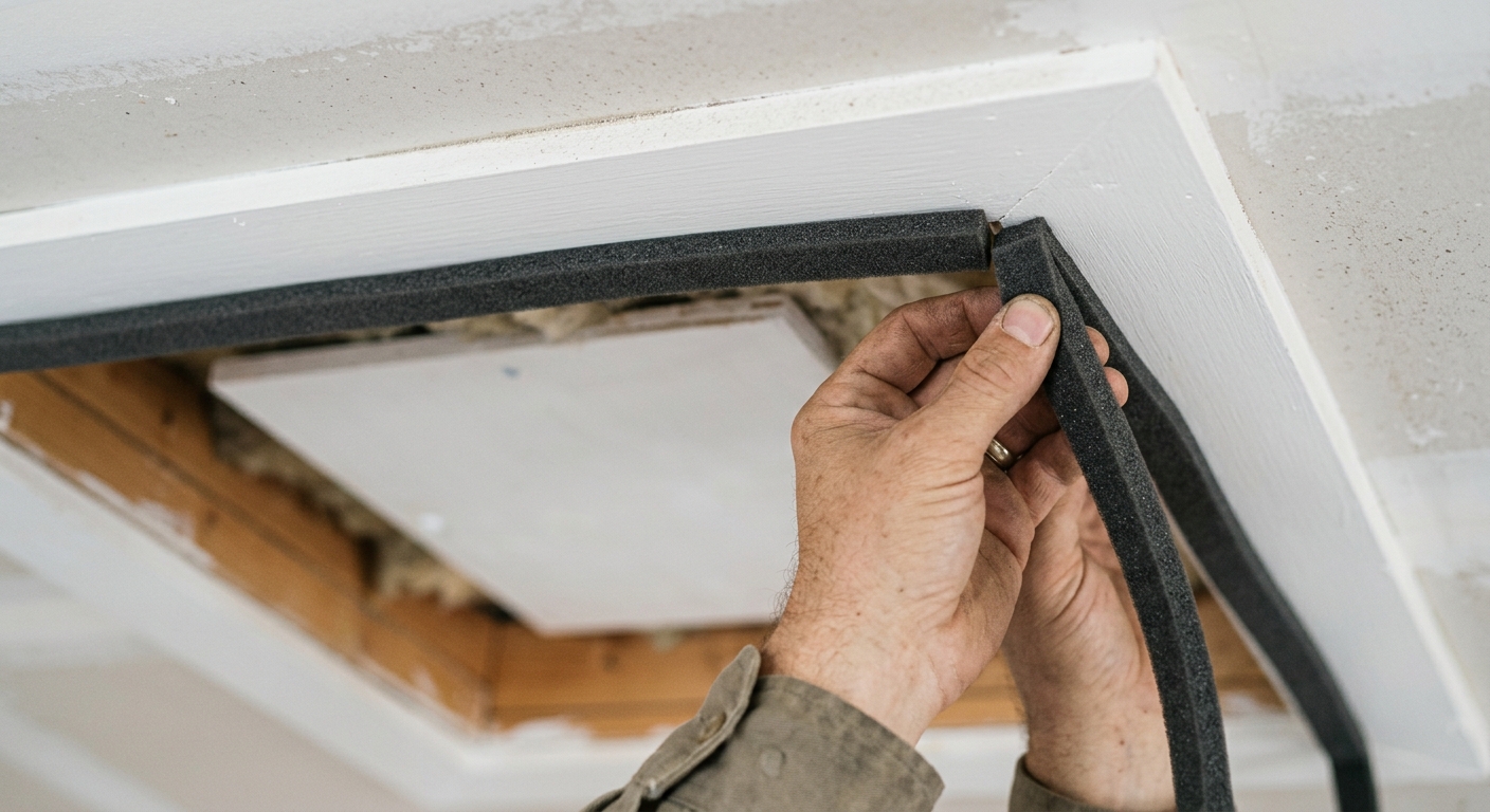 Self-adhesive weatherstripping forms a continuous gasket around a flat attic access opening.