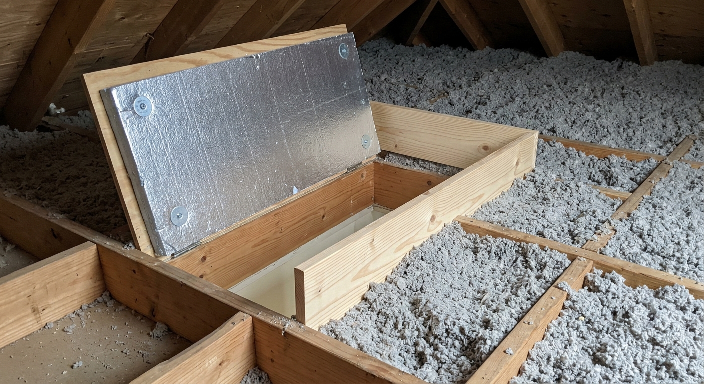 Rigid foam insulation is secured to the attic side of a removable hatch panel beside a low insulation dam.