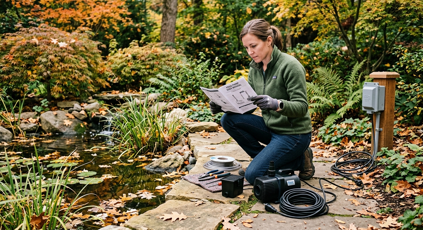 A homeowner checks a pond pump manual beside a small garden pond before winter. 