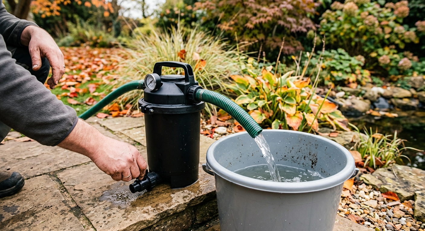 A pond owner drains a disconnected filter and hose into a bucket on a dry patio. 