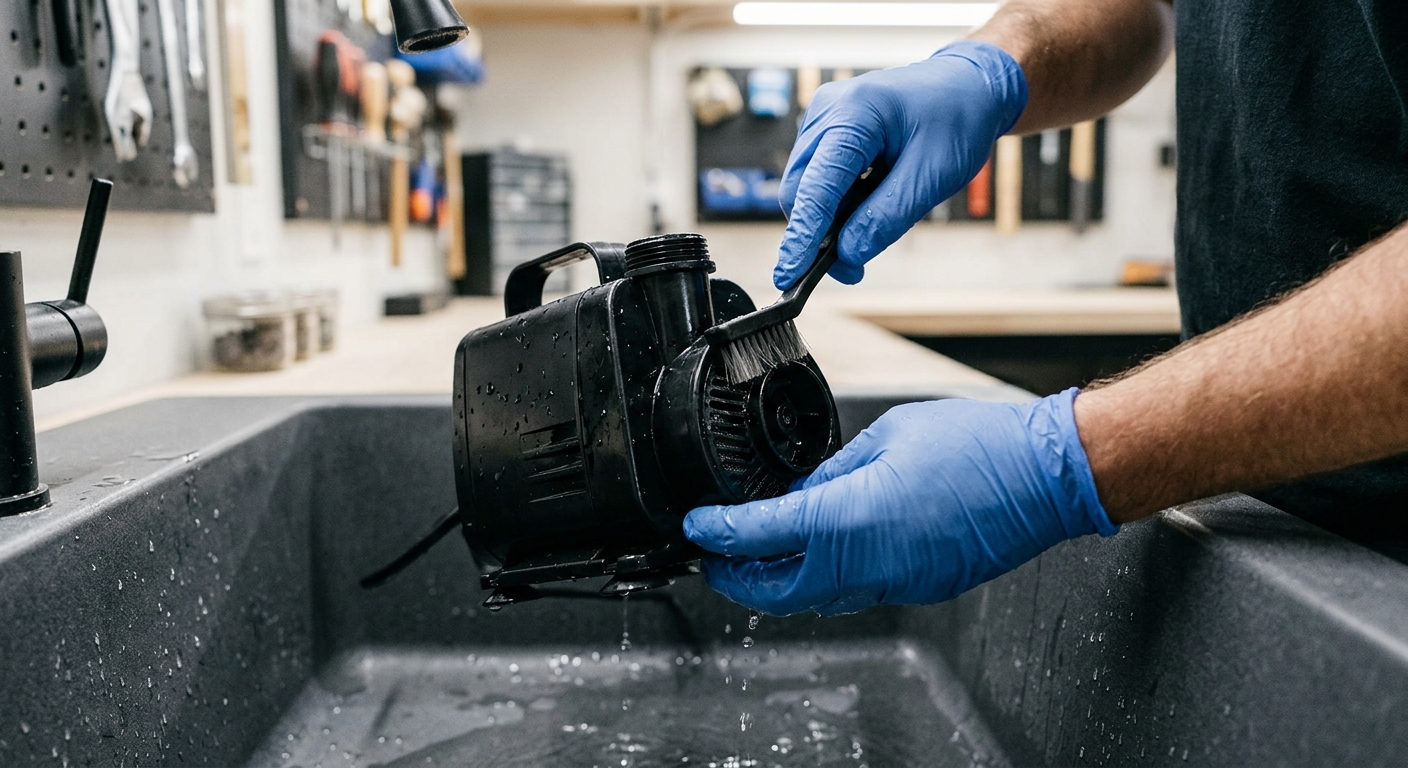 Close view of an unplugged pond pump being brushed clean at a utility sink. 