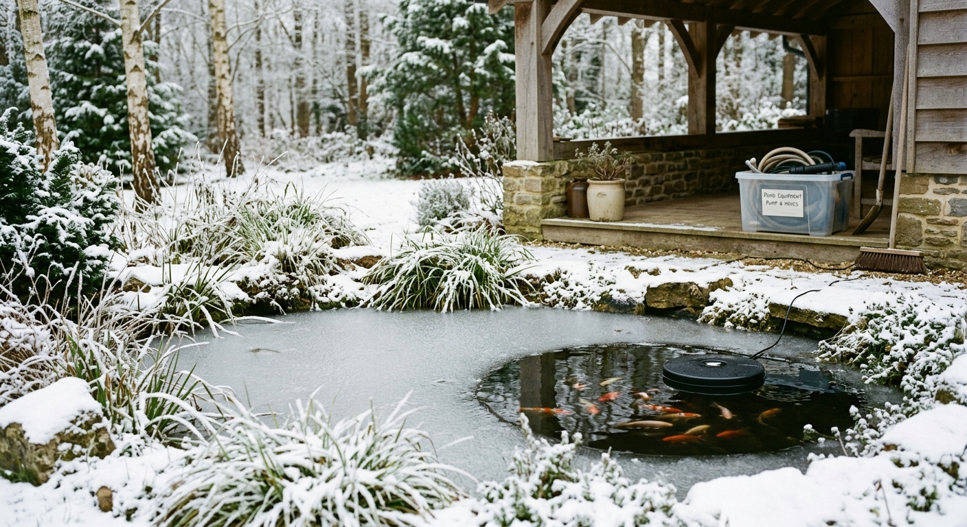A covered pond has a small clear gas-exchange opening maintained away from the stored pump. 