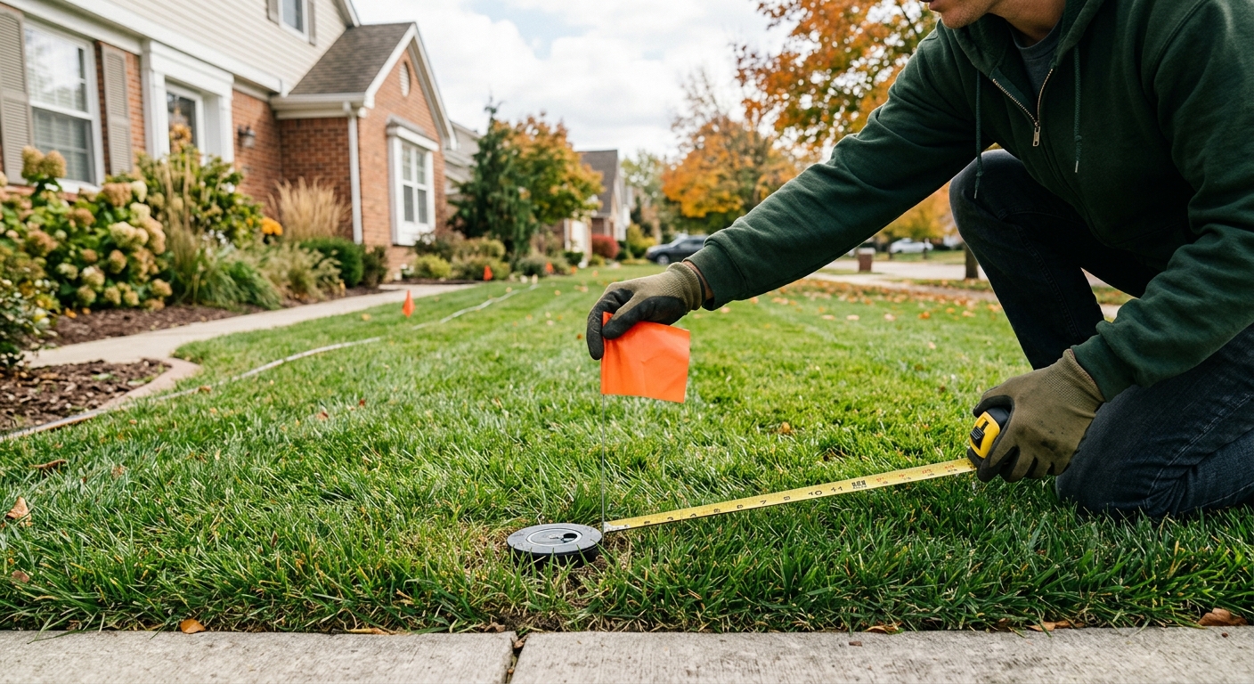 A homeowner measures a cool-season lawn and marks sprinkler heads before aeration.