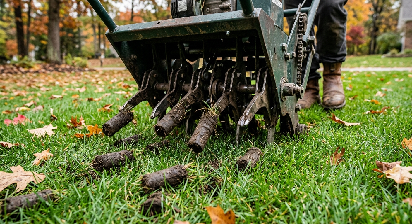 A hollow-tine core aerator lifts soil plugs from a slightly moist lawn.