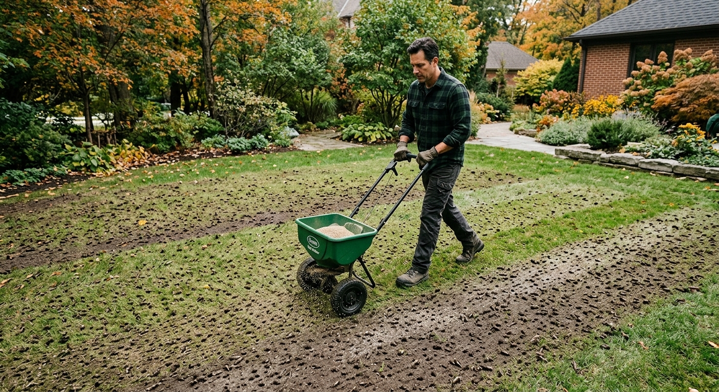 A homeowner makes two crossing passes with a broadcast spreader over aerated turf.