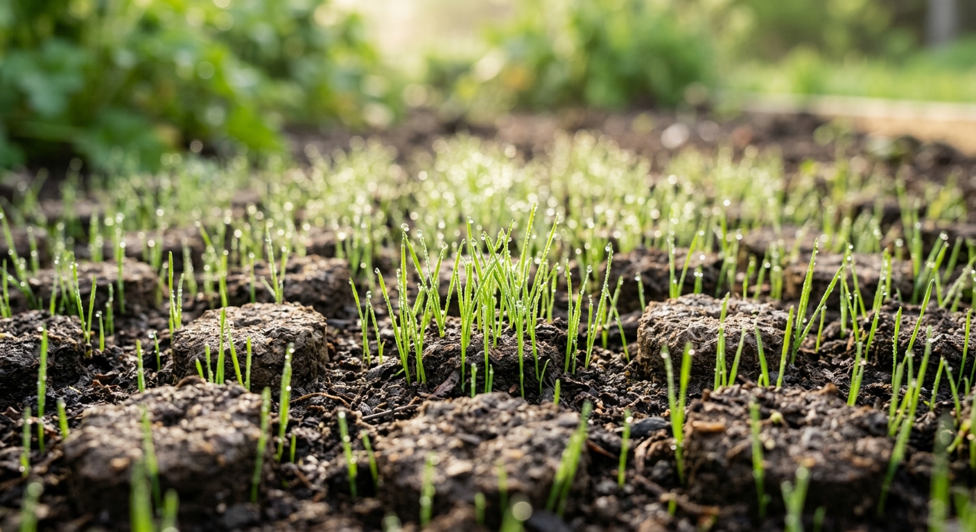 Young cool-season grass seedlings emerge evenly between softened soil cores.