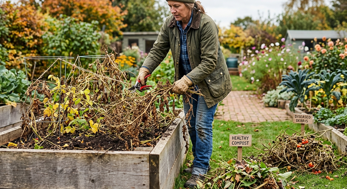 A gardener removes healthy spent vegetable vines and separates diseased debris beside a raised wooden bed.