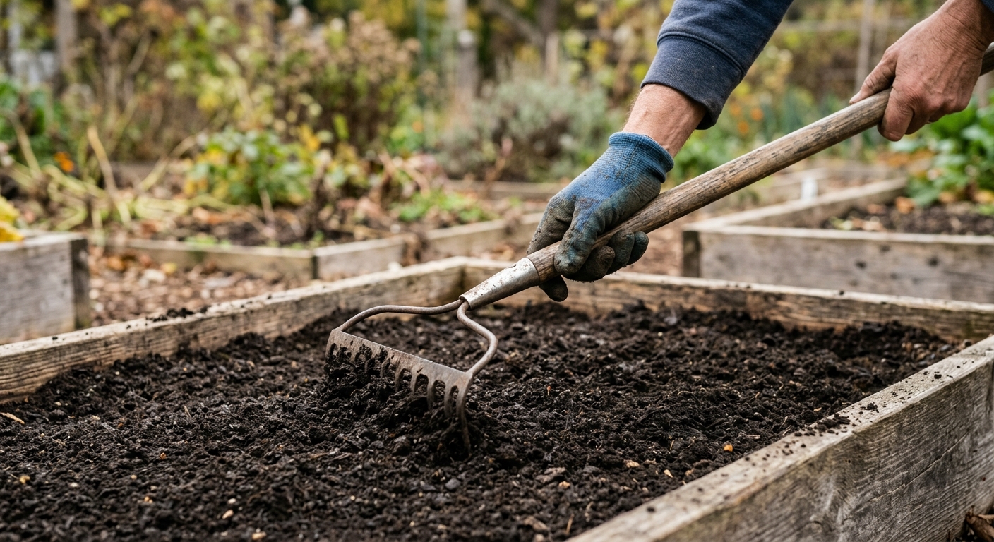 A gardener rakes a thin layer of finished compost evenly across a cleared raised vegetable bed.