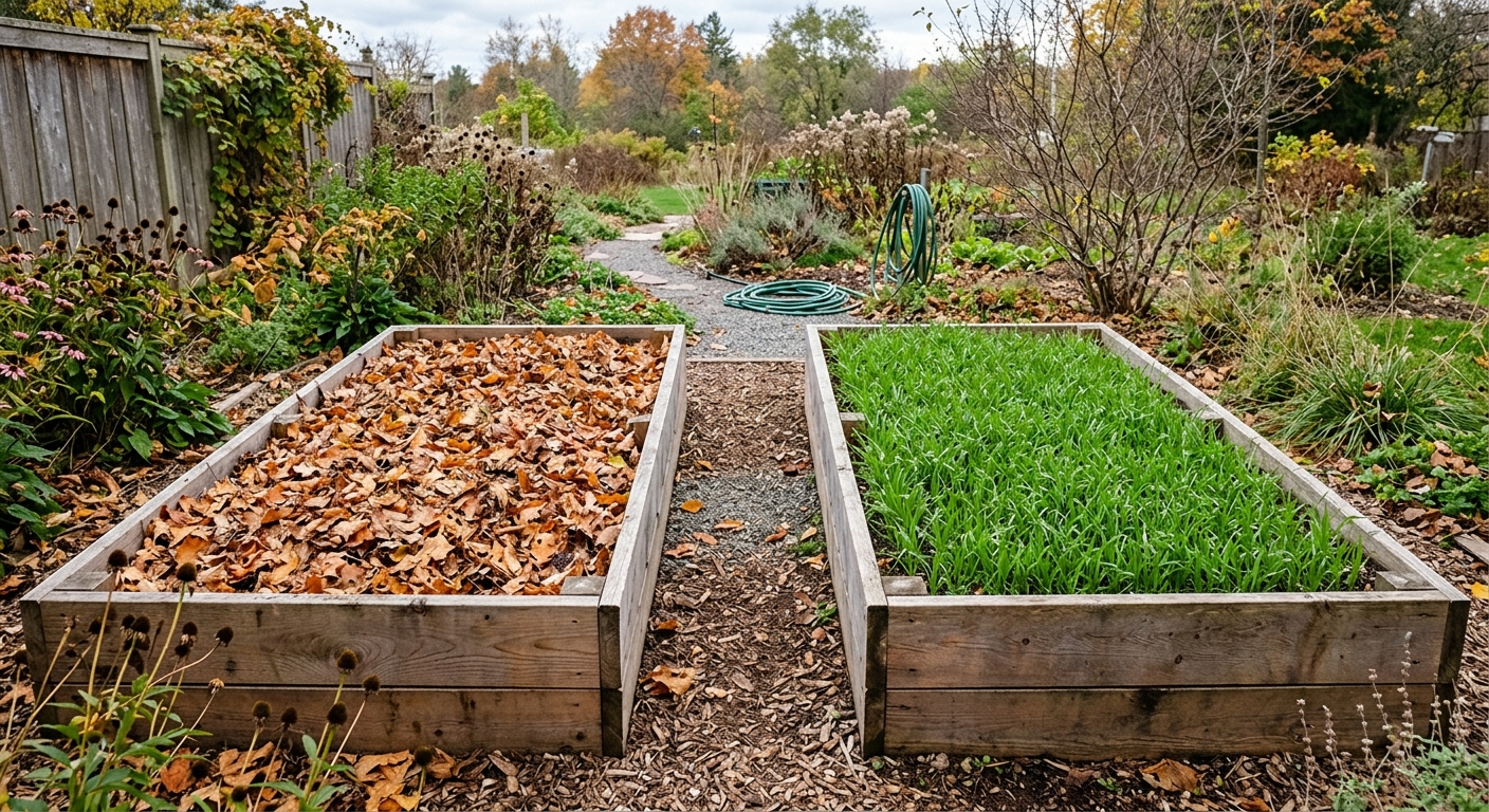 A raised bed is covered with an even layer of shredded leaves while a neighboring bed shows young green cover-crop seedlings.