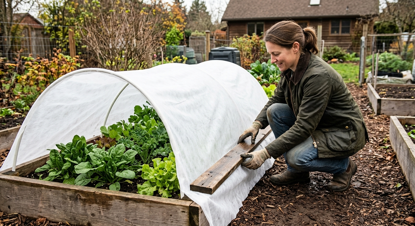A gardener secures breathable frost cloth over low hoops on a raised bed of overwintering greens.