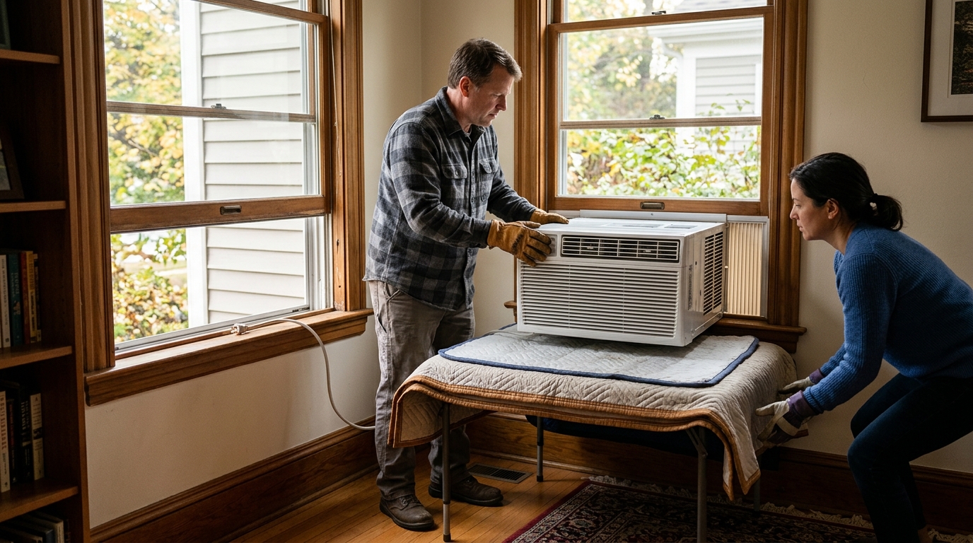 Two adults prepare to remove an unplugged window air conditioner with a padded indoor landing area.