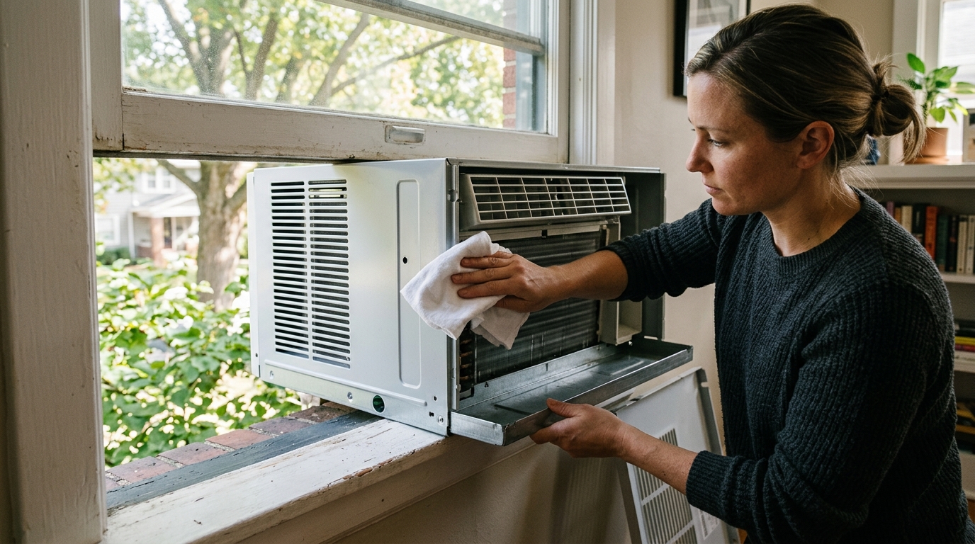 A homeowner wipes a drained window air conditioner and checks that its outdoor drainage area is clear.
