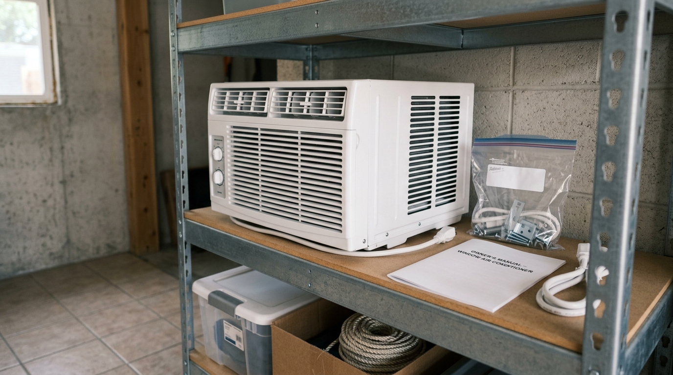 A dry window air conditioner is stored upright on a raised shelf with its hardware bag and manual nearby.
