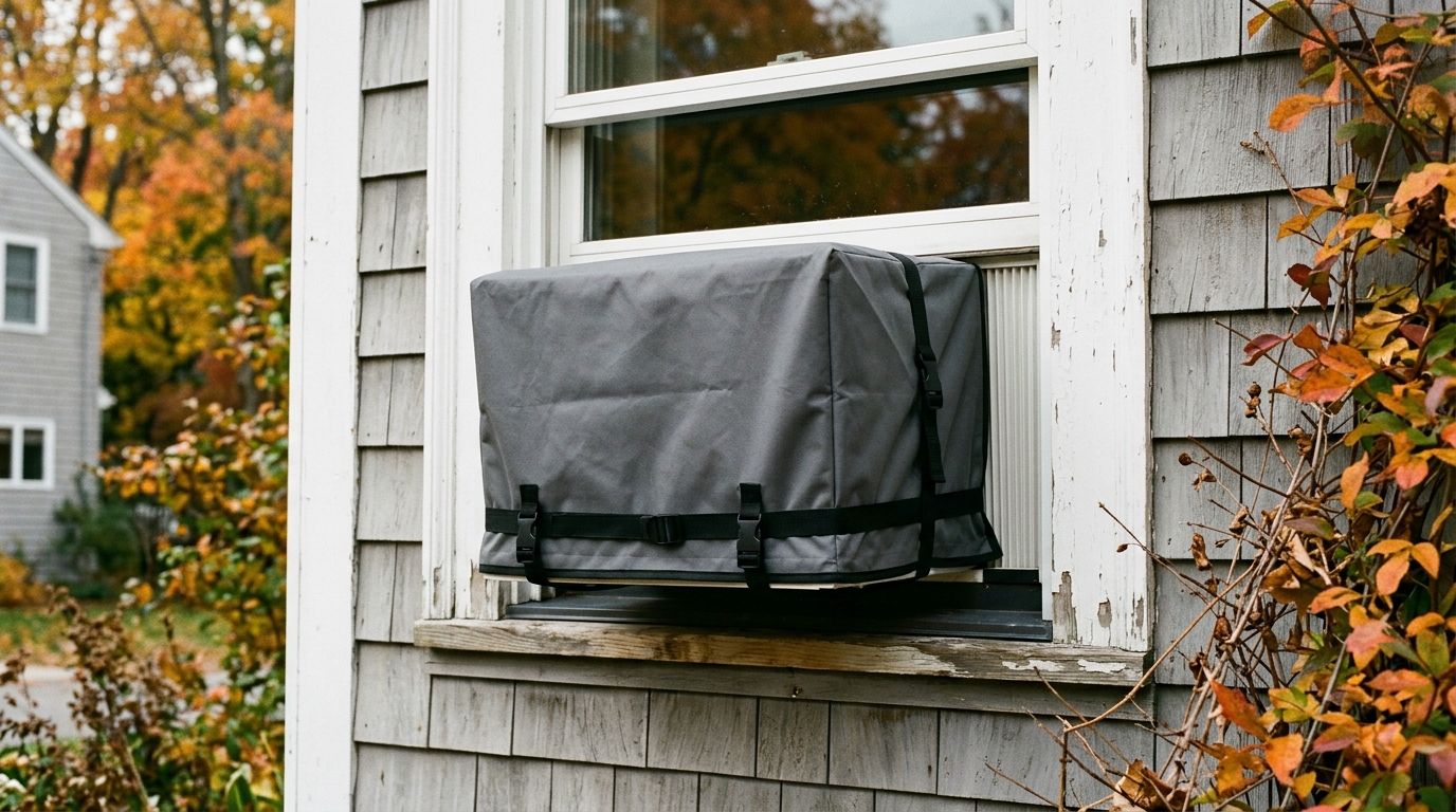 A correctly sized exterior cover is secured on a dry unplugged window air conditioner while its drainage area remains unobstructed.