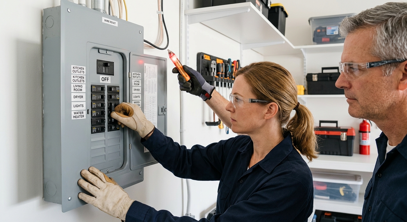 A homeowner shuts off the outlet circuit before removing the cover plate.