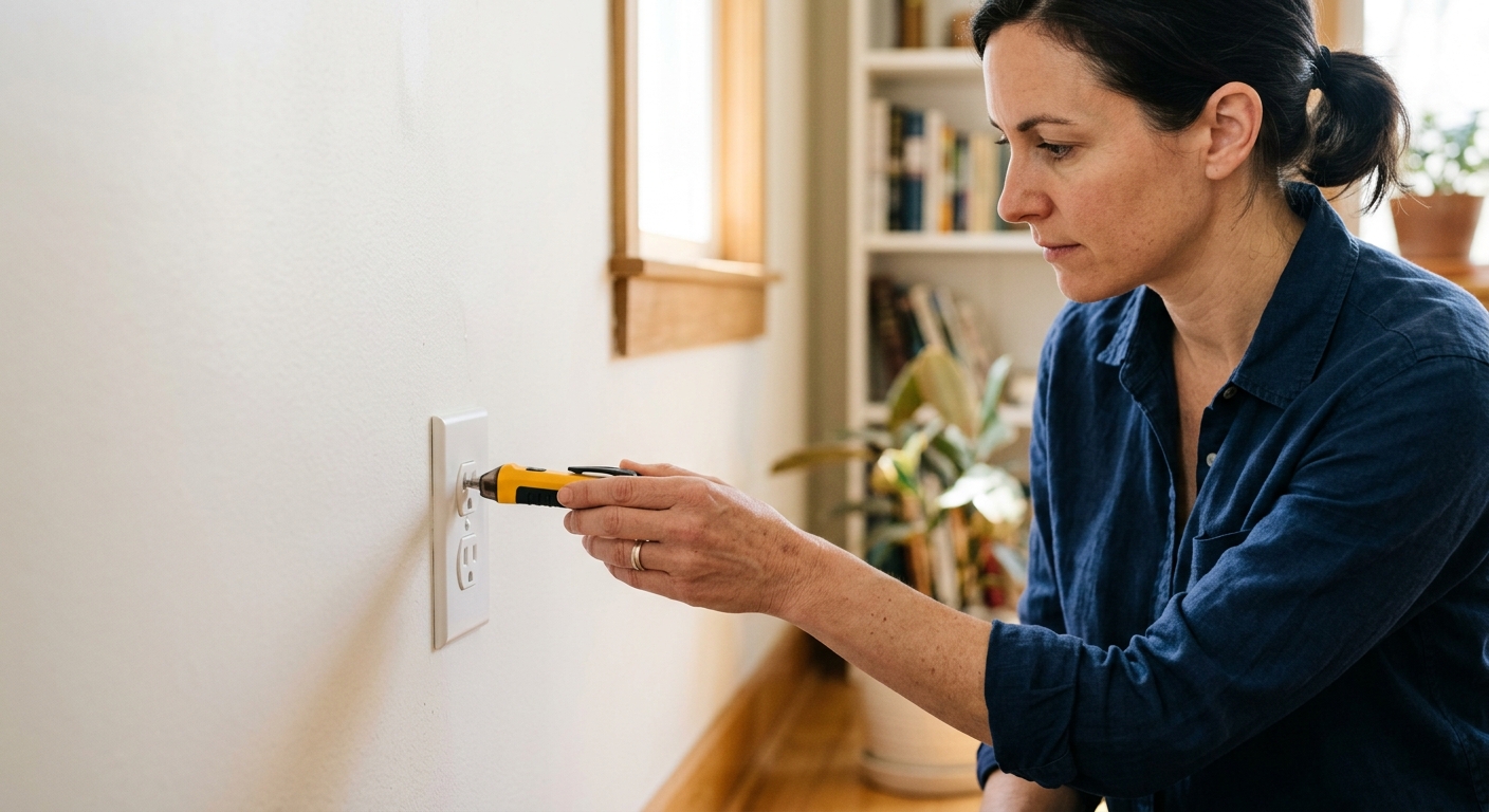 A homeowner checks the outlet area before restoring electrical power.