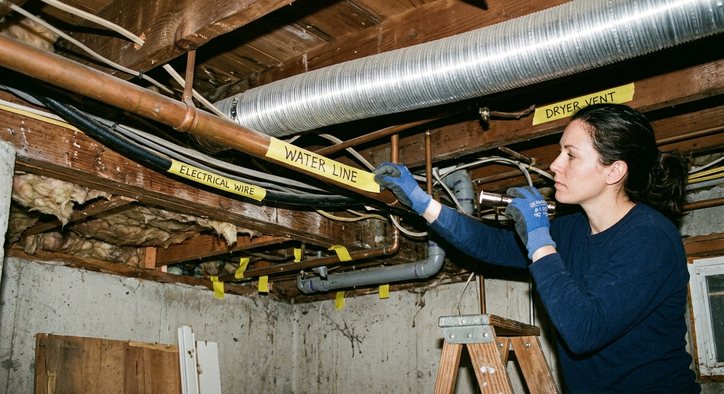 A homeowner labels rim joist penetrations in an unfinished basement before air sealing.