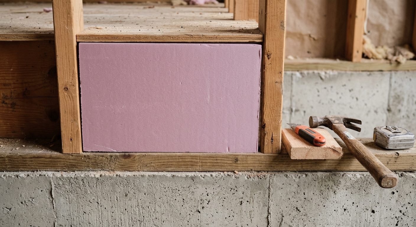 A close view shows a rigid foam plug fitted in a rim joist bay with a narrow perimeter seam ready for foam.