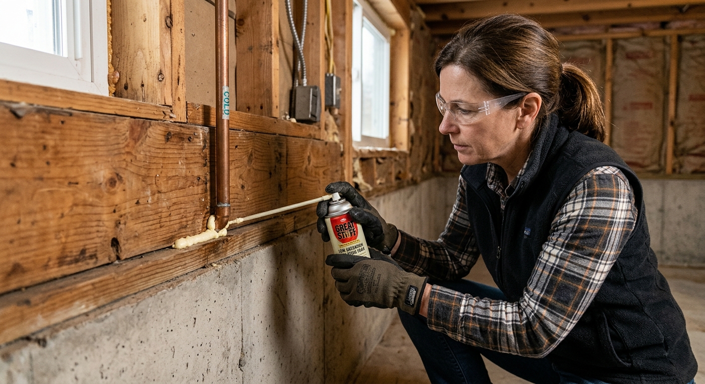 A gloved hand applies a controlled bead of low-expansion foam around a water-pipe penetration at the rim joist.