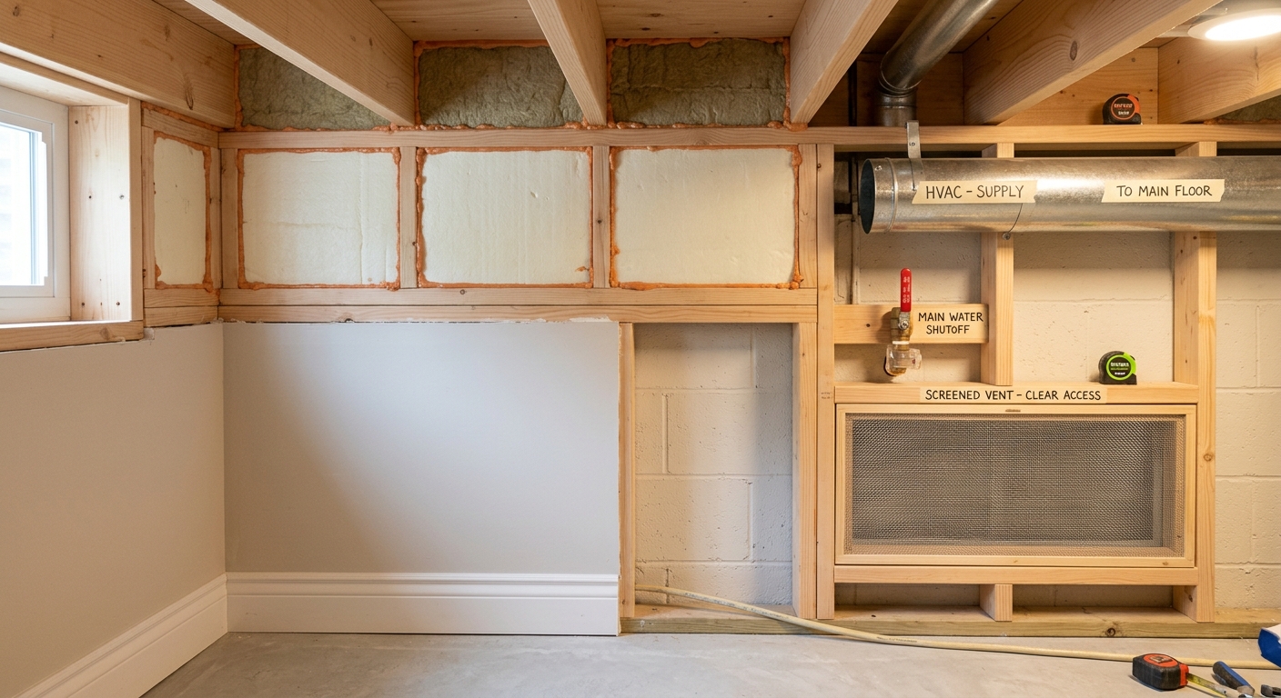 Finished rim joist bays show neatly fitted insulation and clear access to labeled utilities and intentional vents.