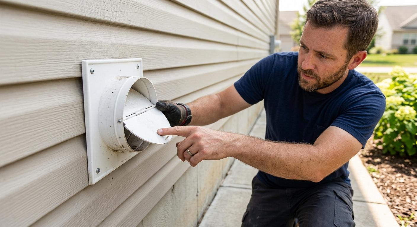 A homeowner inspects a four-inch dryer vent hood on exterior siding, checking that the flap moves freely.