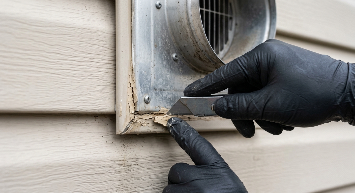 Old cracked caulk is carefully removed from the outside edge of a dryer vent hood flange.