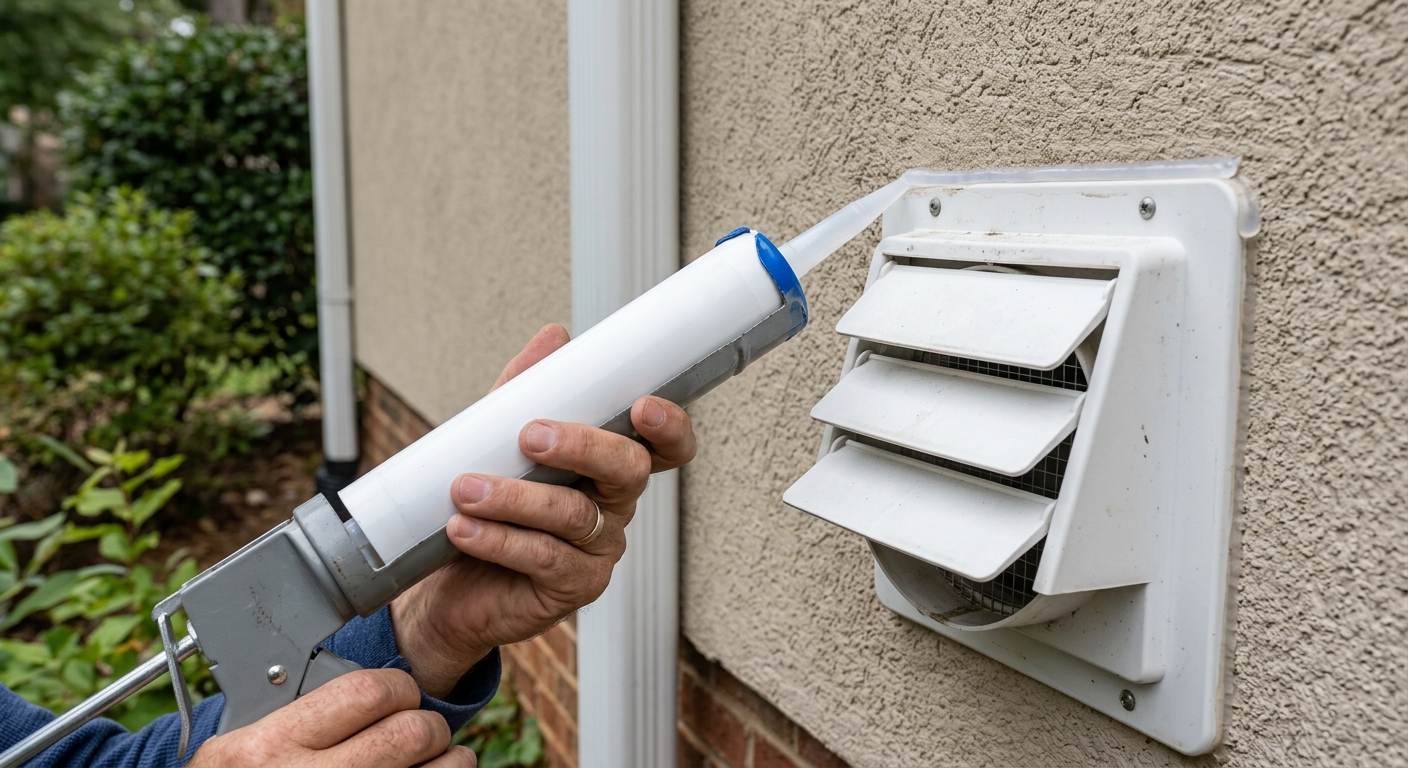 A narrow bead of exterior silicone is applied around the top and sides of a dryer vent hood flange.