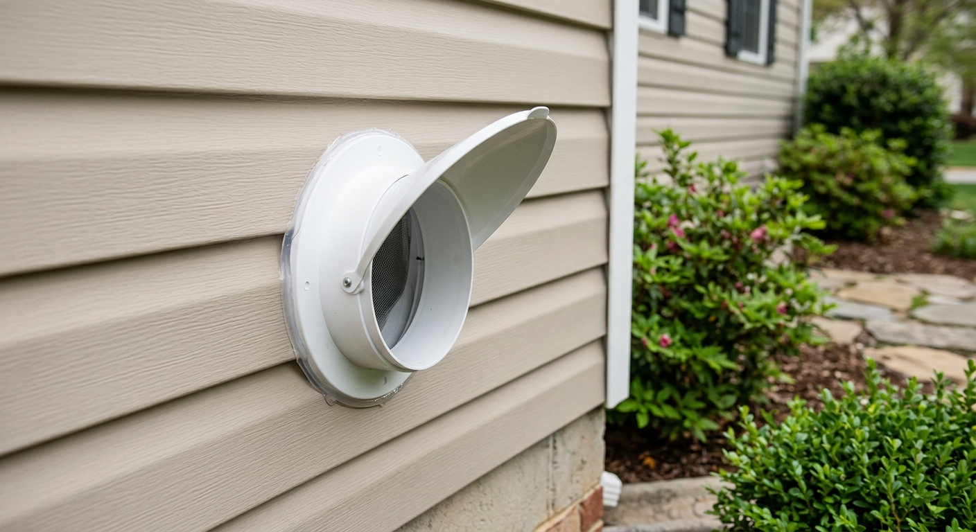 A dryer vent hood flap is visibly open during a brief airflow test after the exterior sealant has cured.