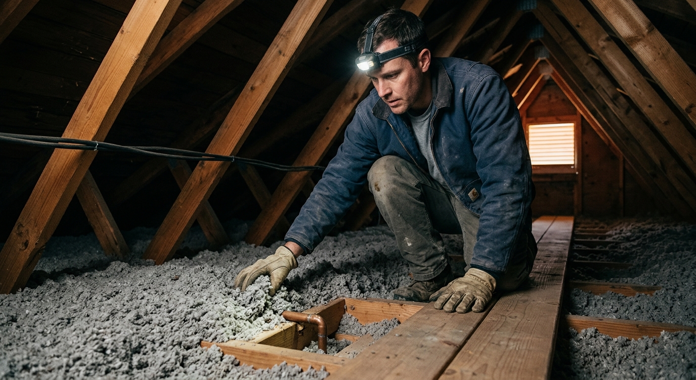 A homeowner in a well-lit attic checks an accessible plumbing penetration at the ceiling plane, with insulation gently moved aside.