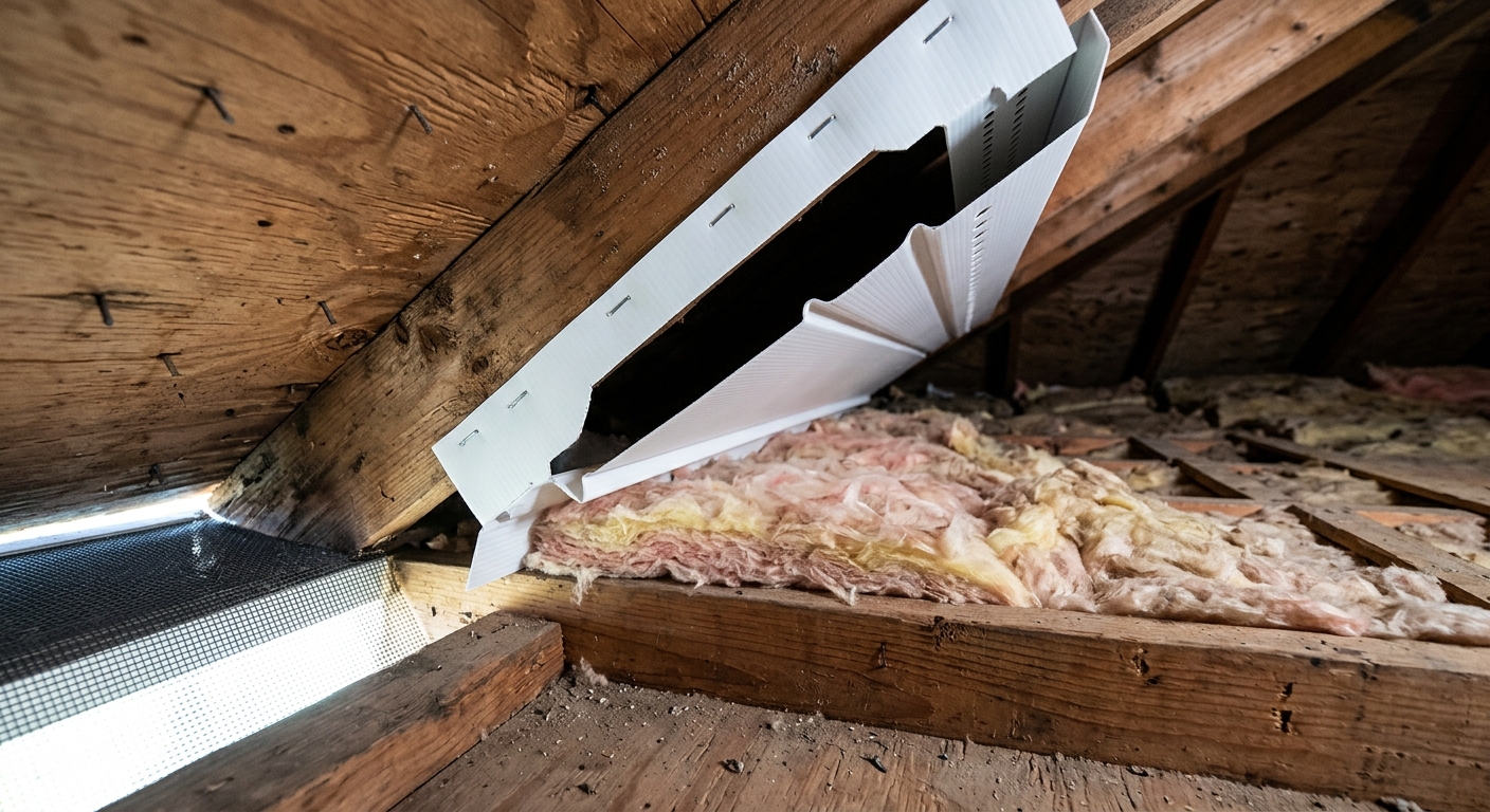 A close attic view shows a white ventilation baffle holding loose insulation back from an open soffit channel.