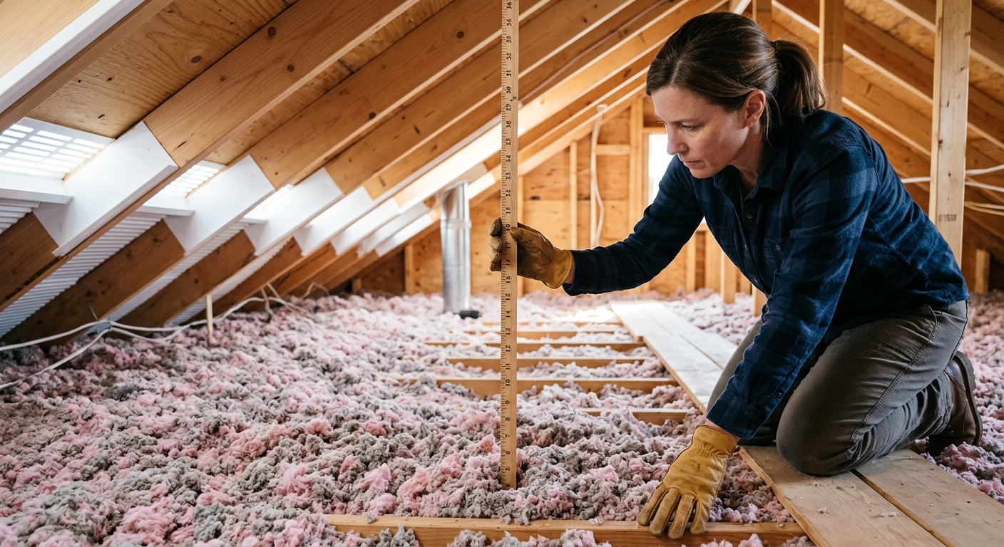 A homeowner uses a marked ruler to compare loose-fill insulation depth at several attic locations while baffles remain visible at the eaves.