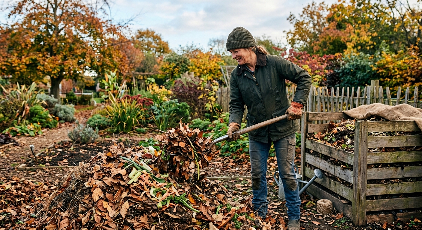 A gardener consolidates autumn leaves and vegetable scraps into one large backyard compost pile beside a bin.