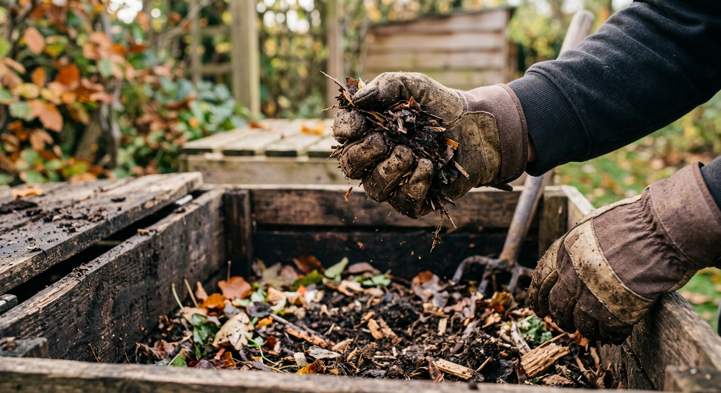 Gloved hands squeeze a mixed handful of shredded leaves and compost to check that it feels like a wrung-out sponge.