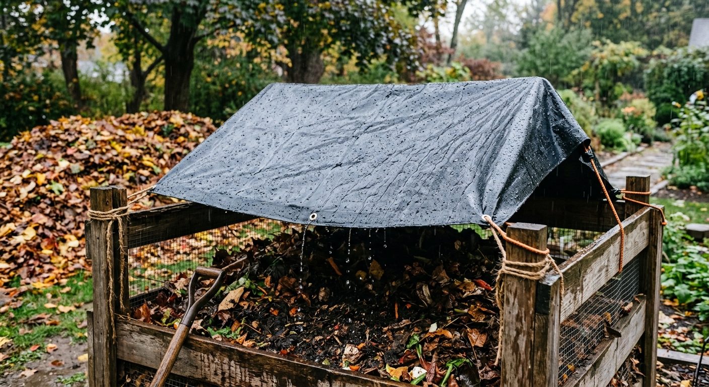 A secured tarp sheds rain from the top of a compost pile while the sides remain open for airflow.