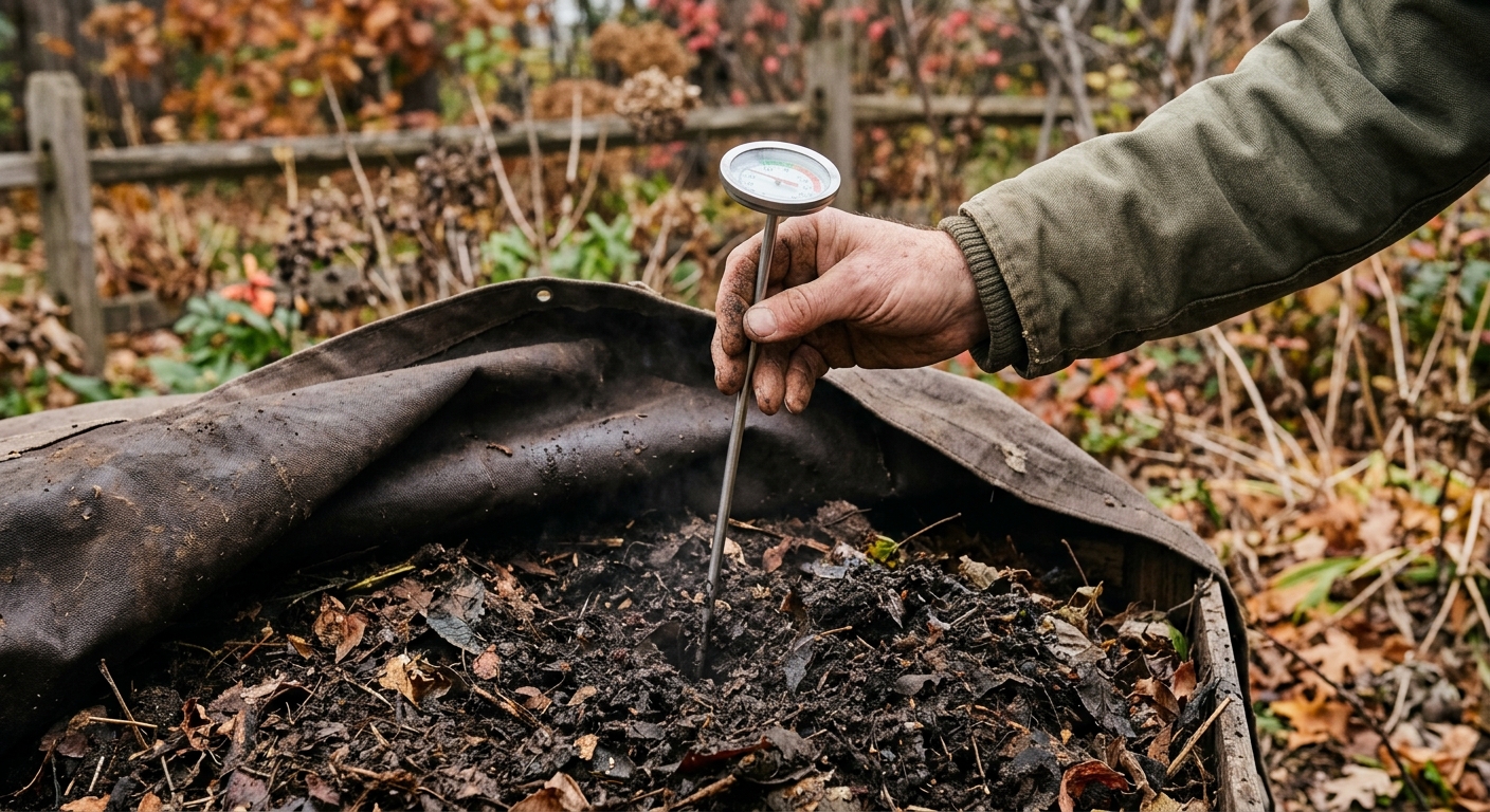 A long-stem thermometer checks the warm core of a covered compost pile on a cool autumn day.