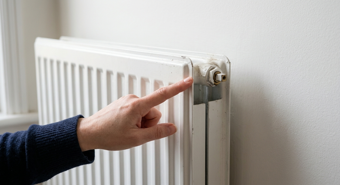 A homeowner checks the upper corner of a cool hydronic radiator for its small bleed valve.
