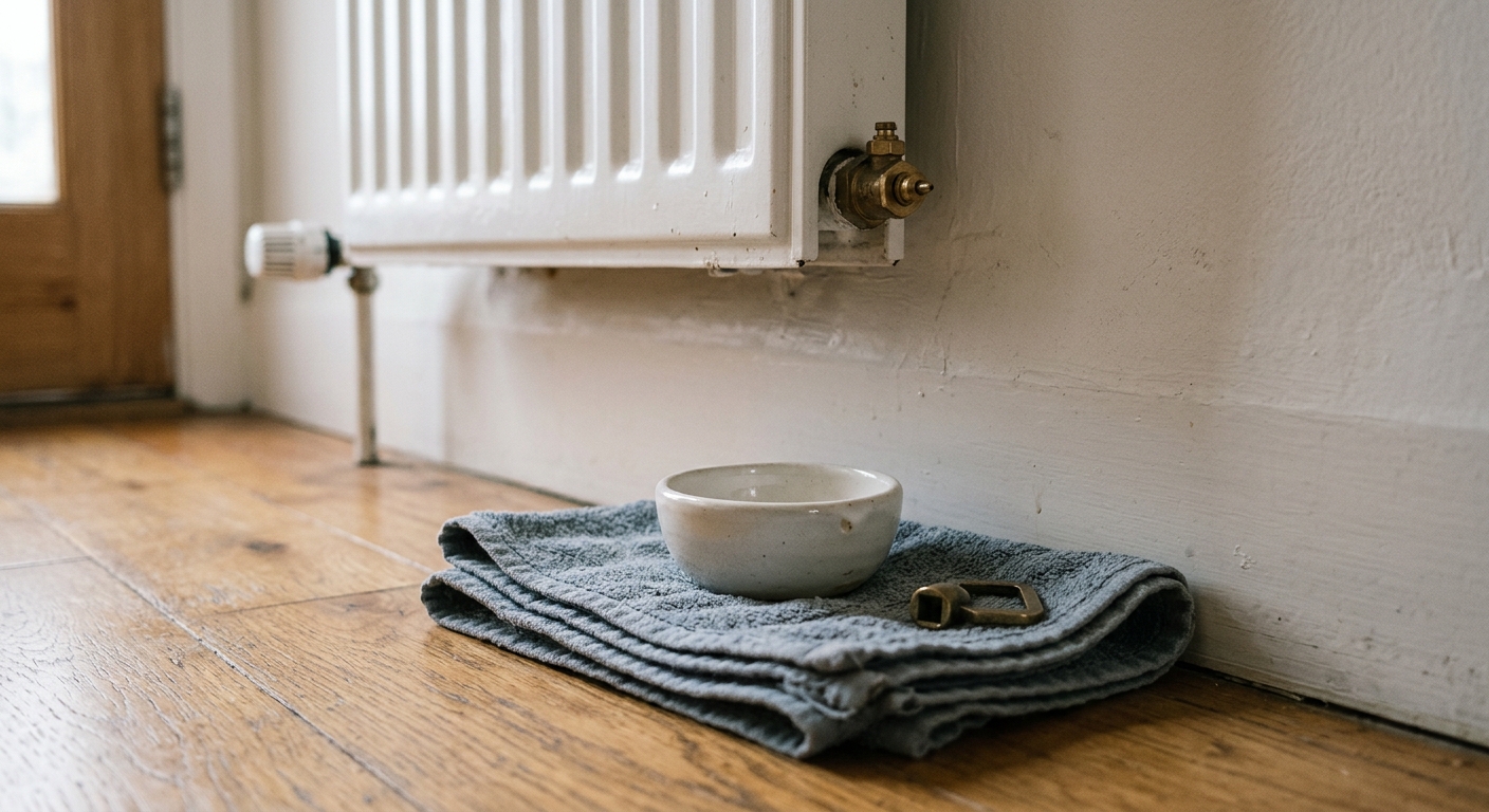 A towel, shallow catch cup, and radiator bleed key are positioned beneath a radiator’s upper vent.