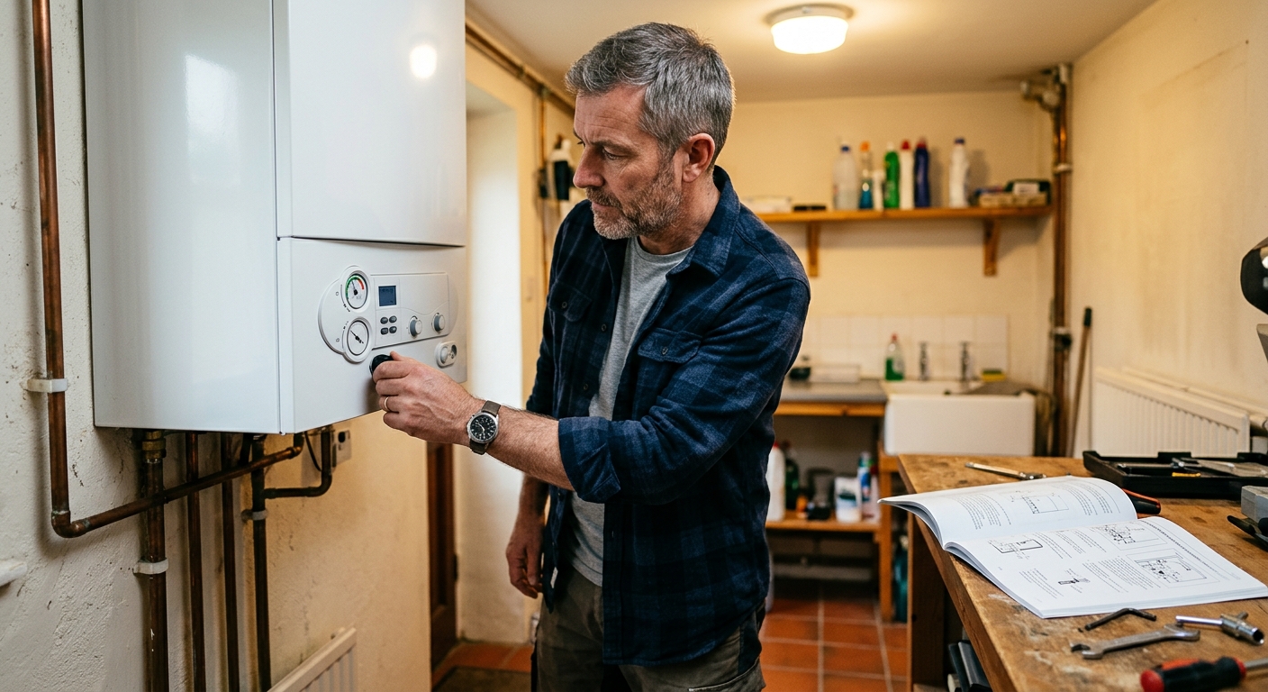 A homeowner checks a boiler pressure display after bleeding a radiator, with the boiler manual open nearby.