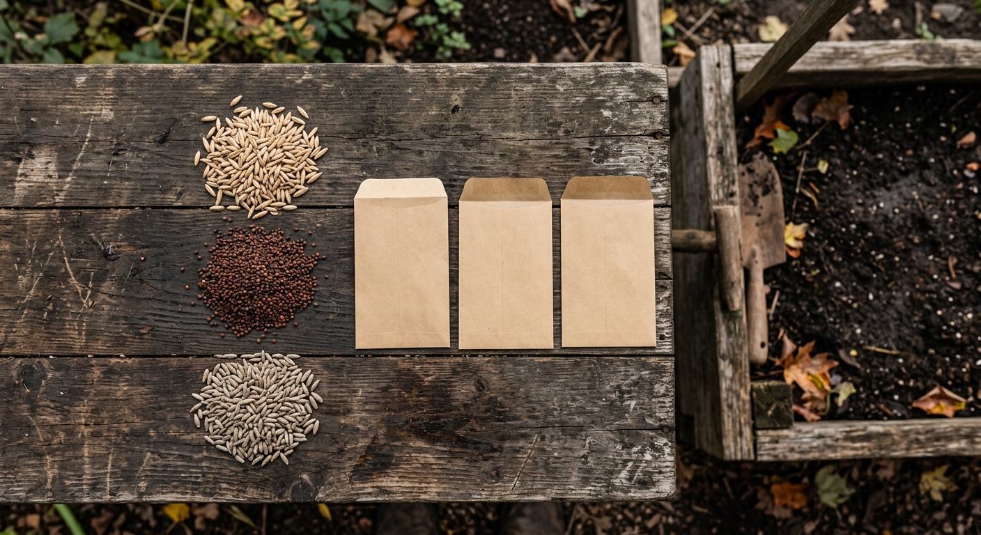 A gardener compares oats, crimson clover, and winter rye seed packets beside an empty raised vegetable bed in early fall.