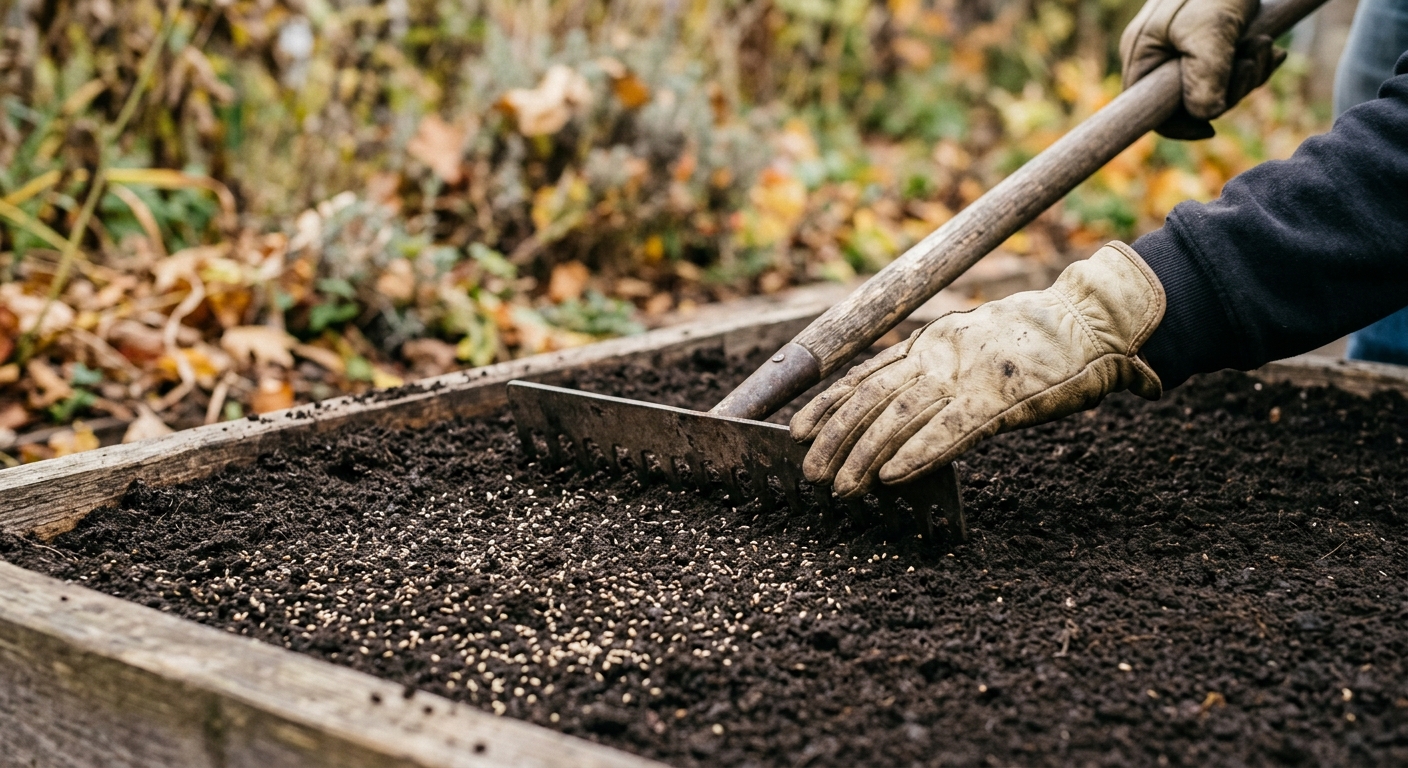Hands use the back of a rake to firm freshly broadcast cover-crop seed into a smooth vegetable bed.